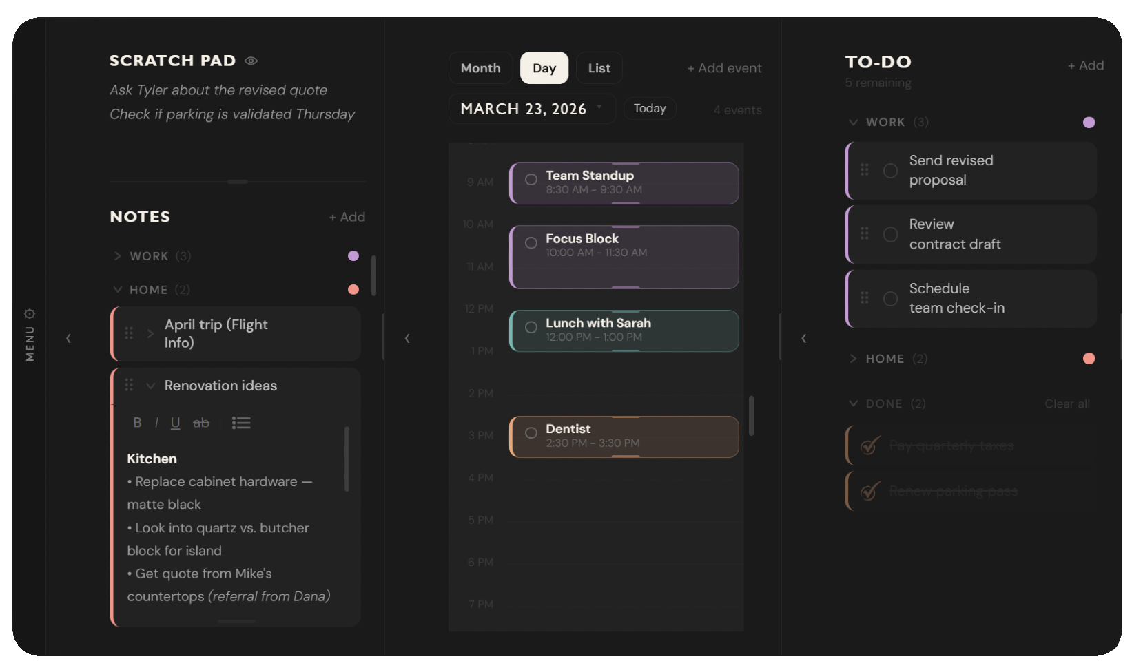 ProTaskInnate desktop widget showing notes, calendar, and to-do panels